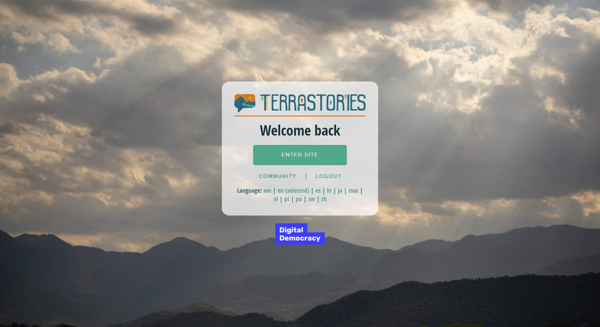 Terrastories demo screenshot showing the map interface with story points