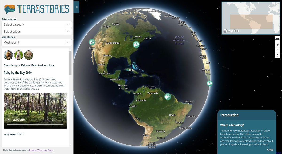 Terrastories demo screenshot showing the story browsing sidebar